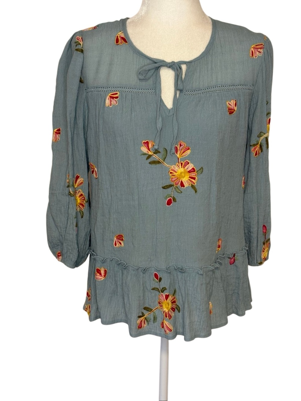 Figueroa and Flower Blue Gauzy Embroidered Blouse. Size Medium. Great Condition